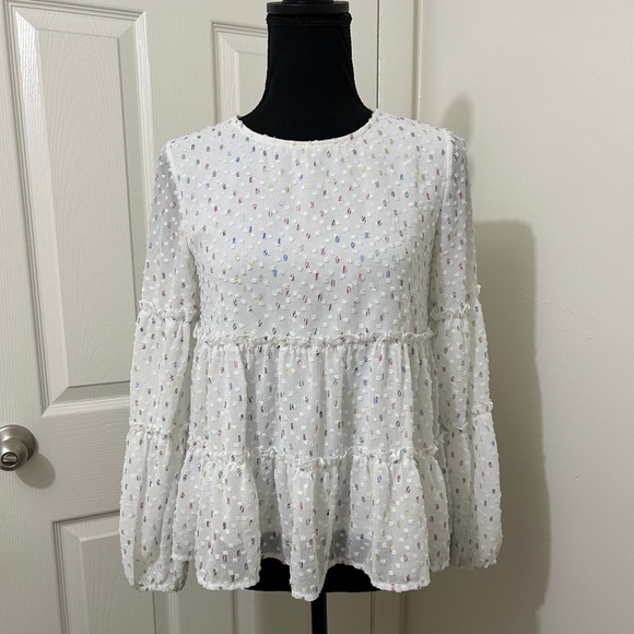 Altar'd State White Long Sleeve Confetti Tiered Babydoll Blouse Size Extra Small - Picture 1 of 8